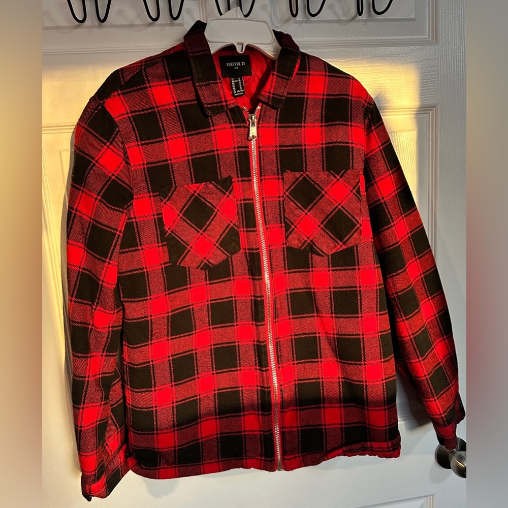 F21 Men's Red and Black Plaid Jacket